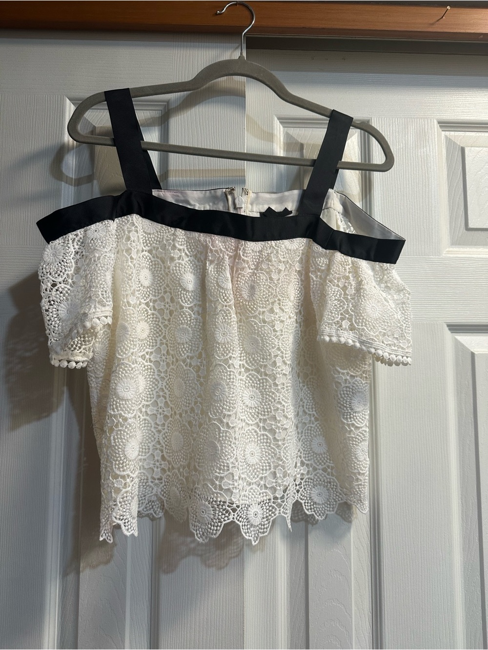 Topshop White Lace Off-Shoulder Crop Top with Black Straps